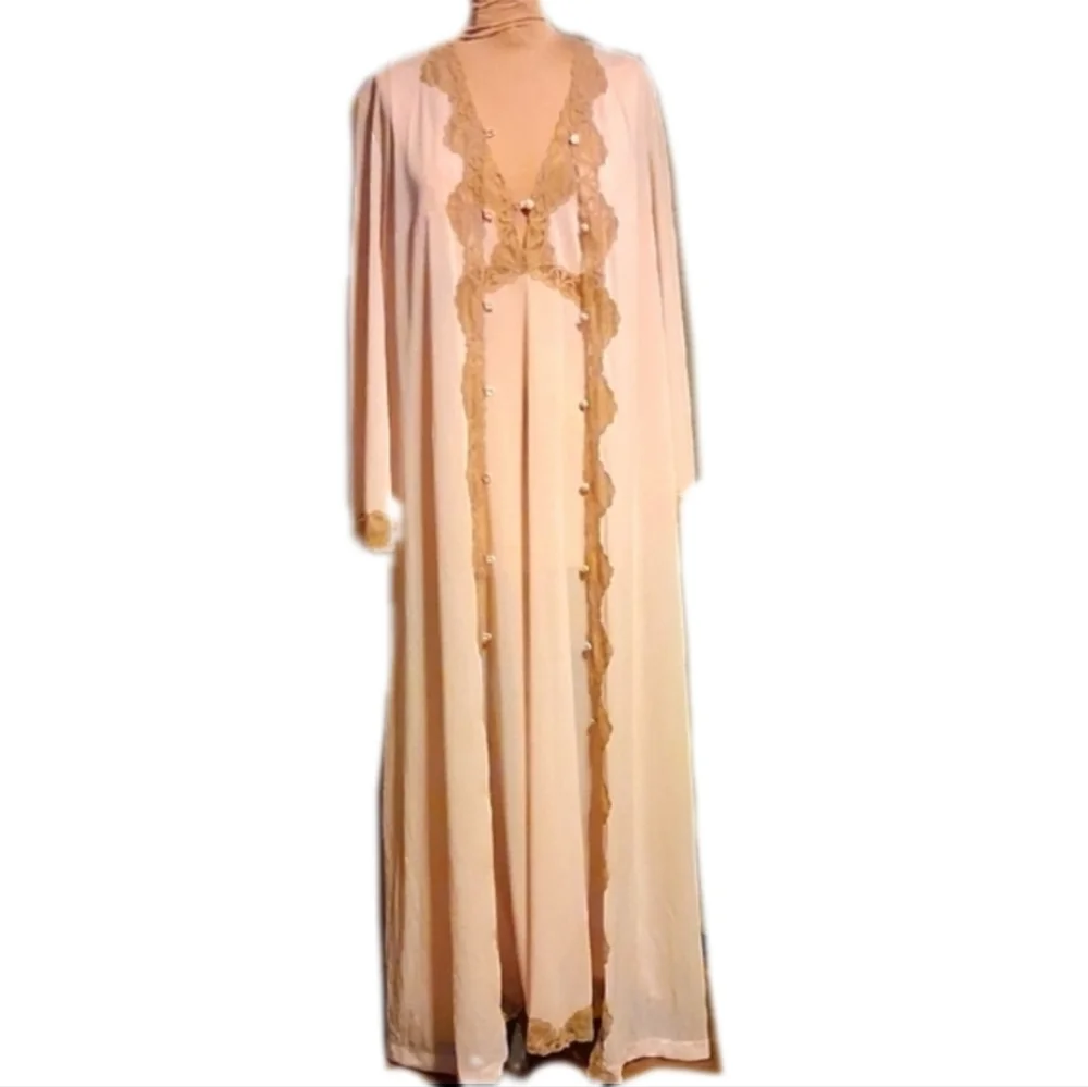 Emilio Pucci Vtg Robe & Chemise Set In Soft Pink W Bronze Lace.  Rare.  Medium